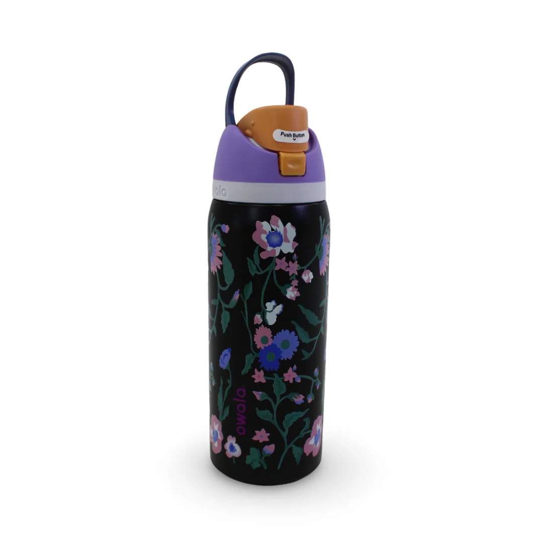 Owala FreeSip Insulated Stainless Steel Water Bottle – Floral Black & Purple