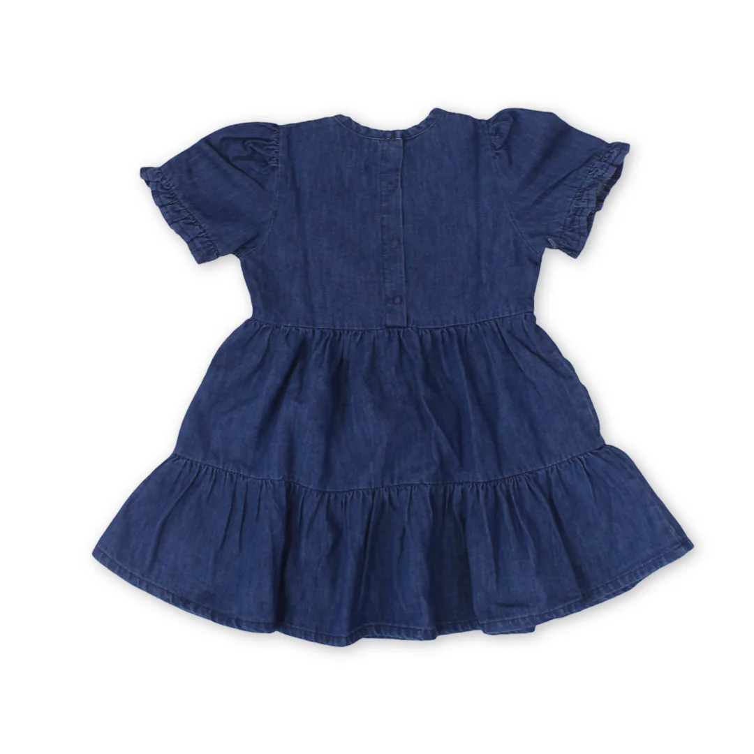 Baby Girls Cotton Denim Dress – Navy with Flowers Embroidery - Image 2