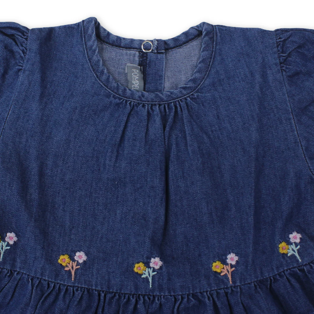 Baby Girls Cotton Denim Dress – Navy with Flowers Embroidery - Image 3