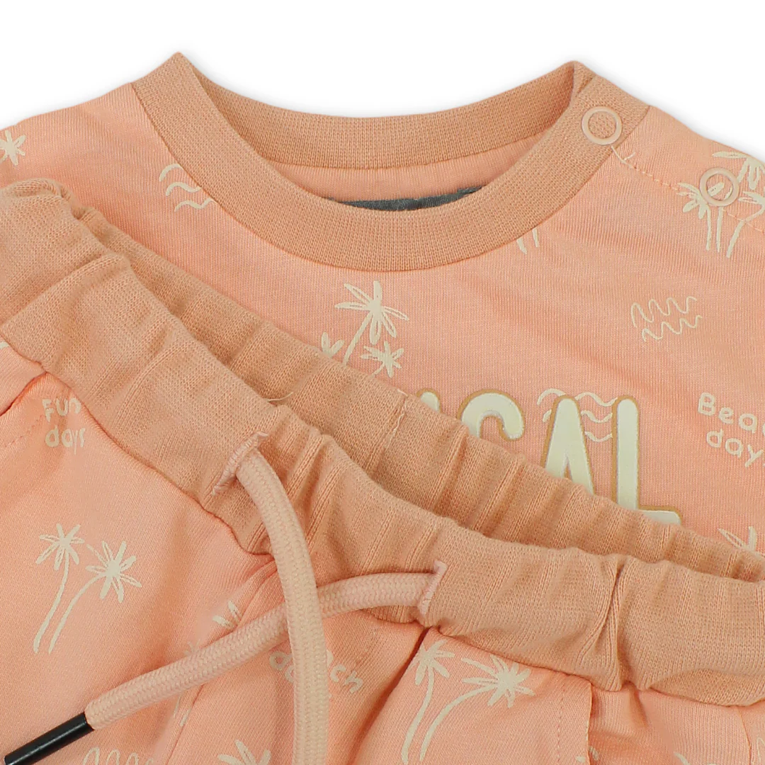 Baby Boys Cotton Outfit Set – Salmon with "Tropical Vibes" Print - Image 3