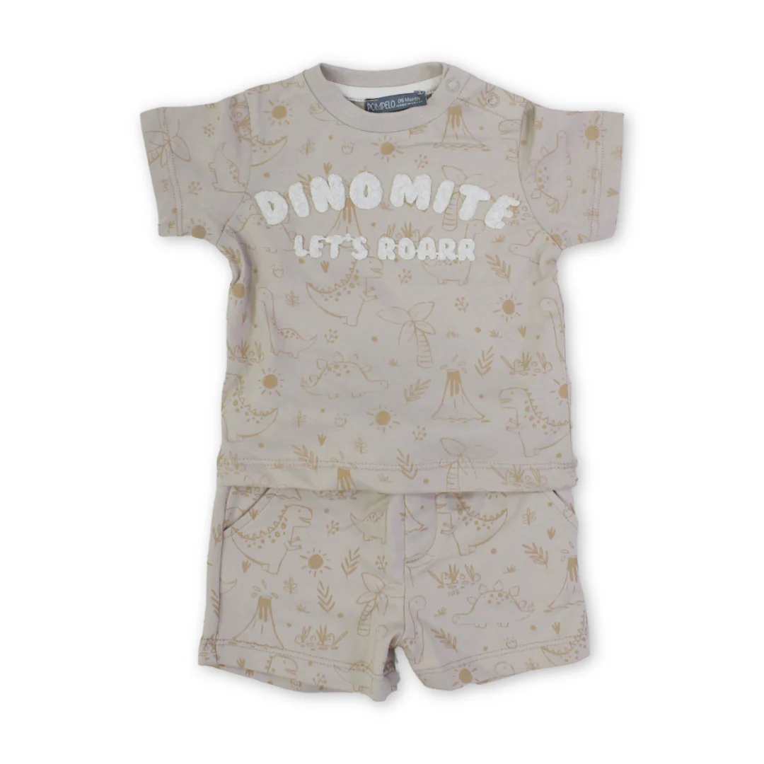Baby Boys Cotton Outfit Set – Beige with "Dino Mite Let's Roarr" Embroidery