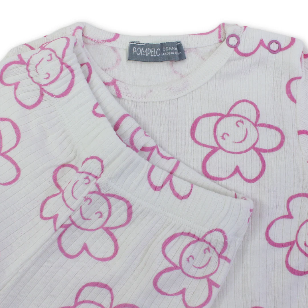 Baby Girls Cotton Outfit Set – Off-White with Flowers Print - Image 3