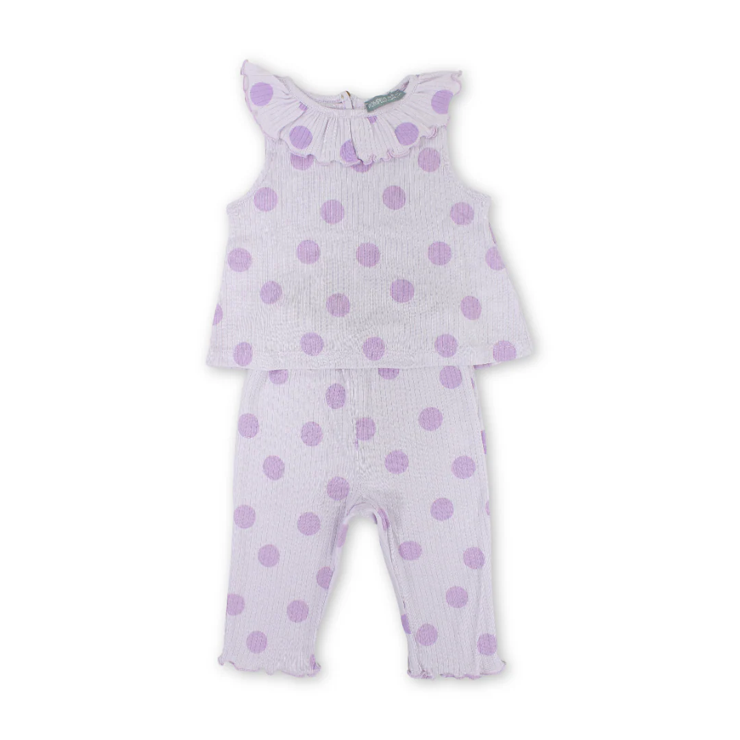 Baby Girls Cotton Outfit Set – Purple with Polka-Dot Print