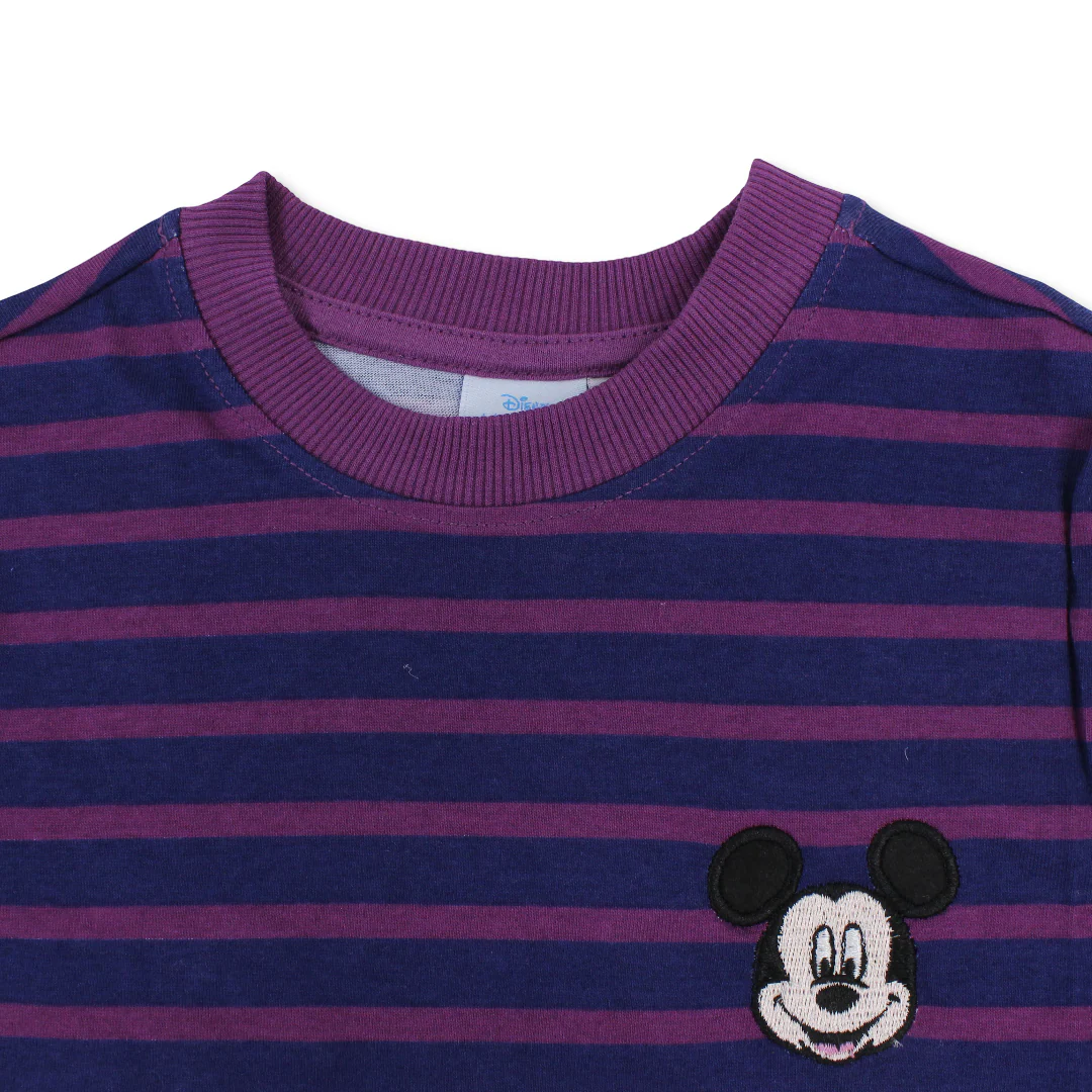 Boys Cotton Short-Sleeved T-Shirt – Striped with Mickey Mouse Patch - Image 3