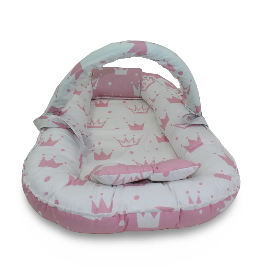 Cotton Baby Nest – Pink with Crown Print - Image 3