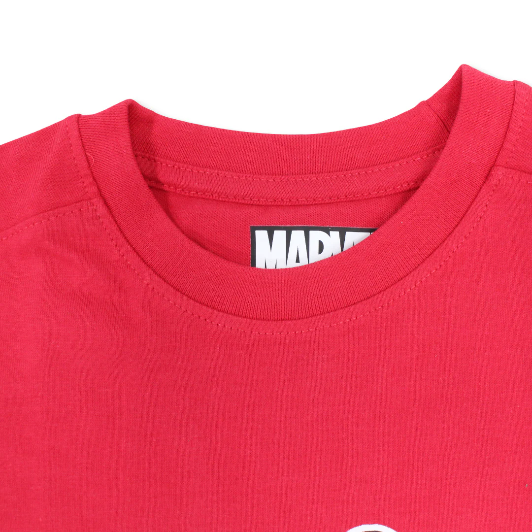 Boys Cotton Short-Sleeved T-Shirt – Chinese Red with Marvel Heroes Print - Image 3