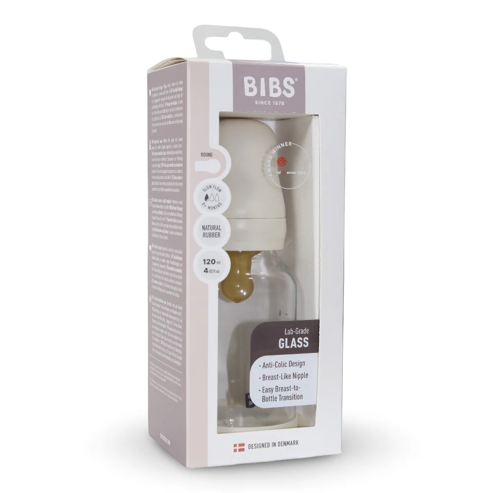 BIBS Glass Baby Bottle Round Latex - 1 pack 120 ml Slow Flow Ivory - Image 2