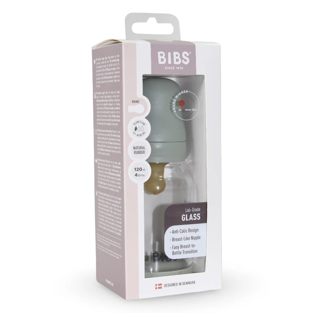 BIBS Glass Baby Bottle Round Latex - 1 pack 120 ml Slow Flow Sage - Image 2