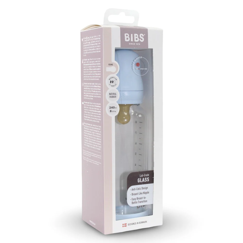 BIBS Glass Baby Bottle Round Latex - 1 pack 240 ml Medium Flow Baby Blue - Image 2