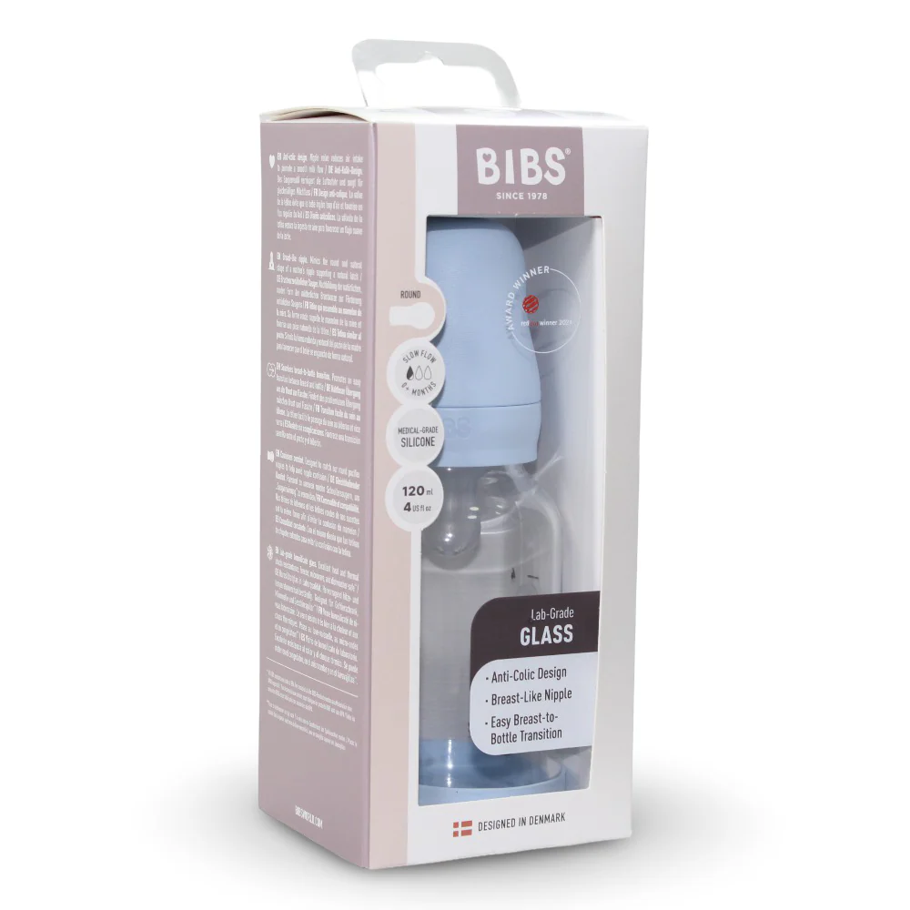 BIBS Glass Baby Bottle Round Silicone - 1 pack 120 ml Slow Flow Baby Blue - Image 2