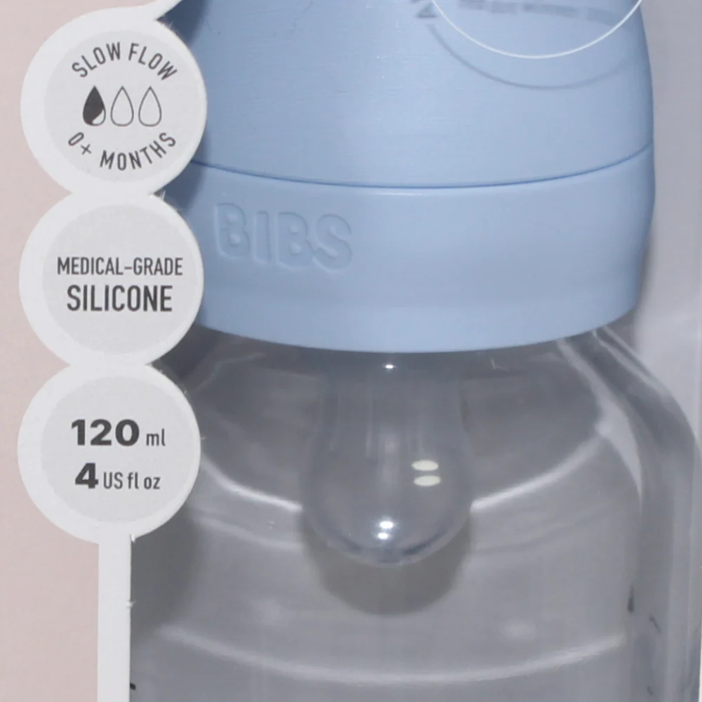 BIBS Glass Baby Bottle Round Silicone - 1 pack 120 ml Slow Flow Baby Blue - Image 4