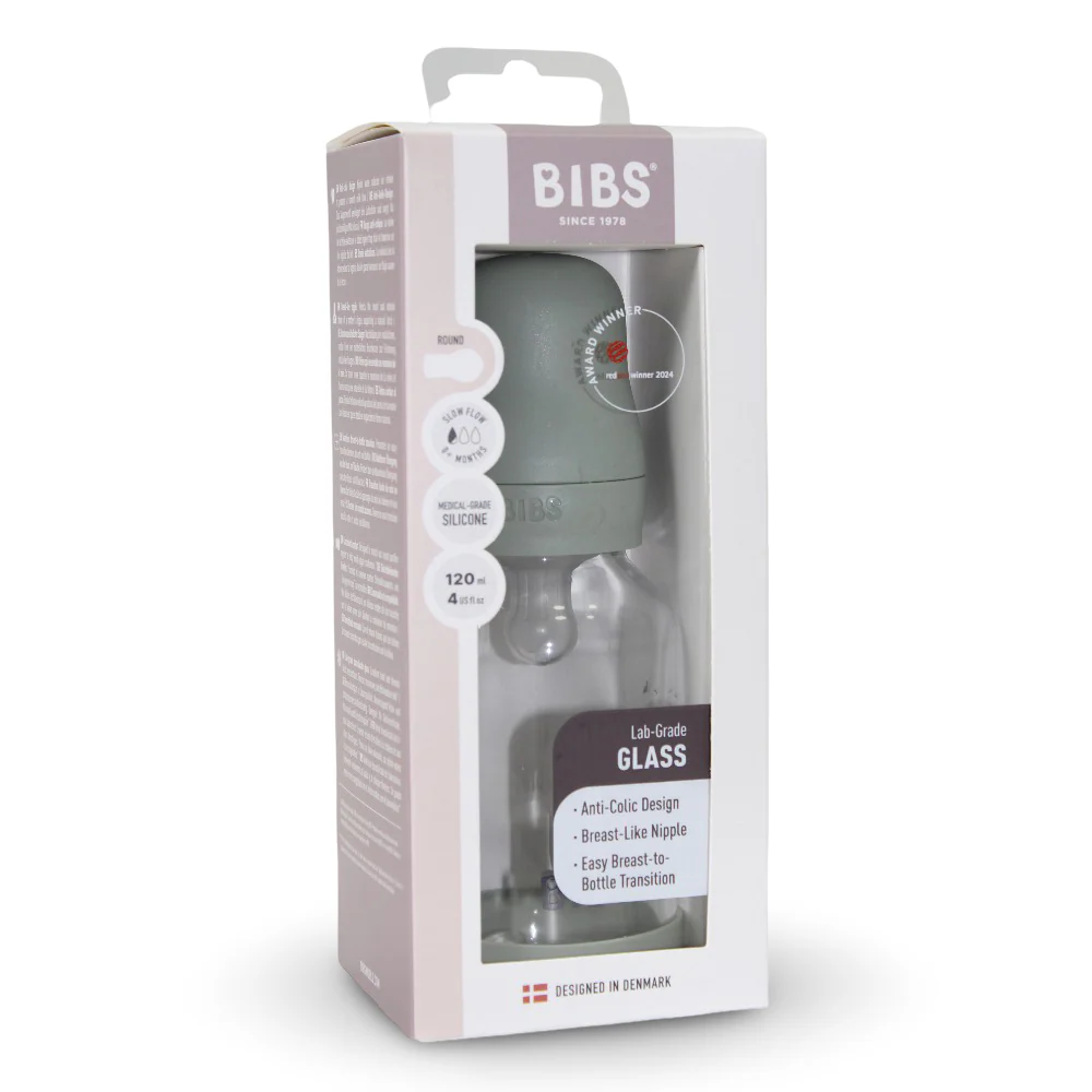 BIBS Glass Baby Bottle Round Silicone - 1 pack 120 ml Slow Flow Sage - Image 2