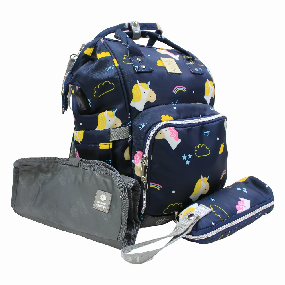 LeQueen Diamond 7th Edition Soft Waterproof Diaper Bag - Blue with Unicorn Print - Image 2