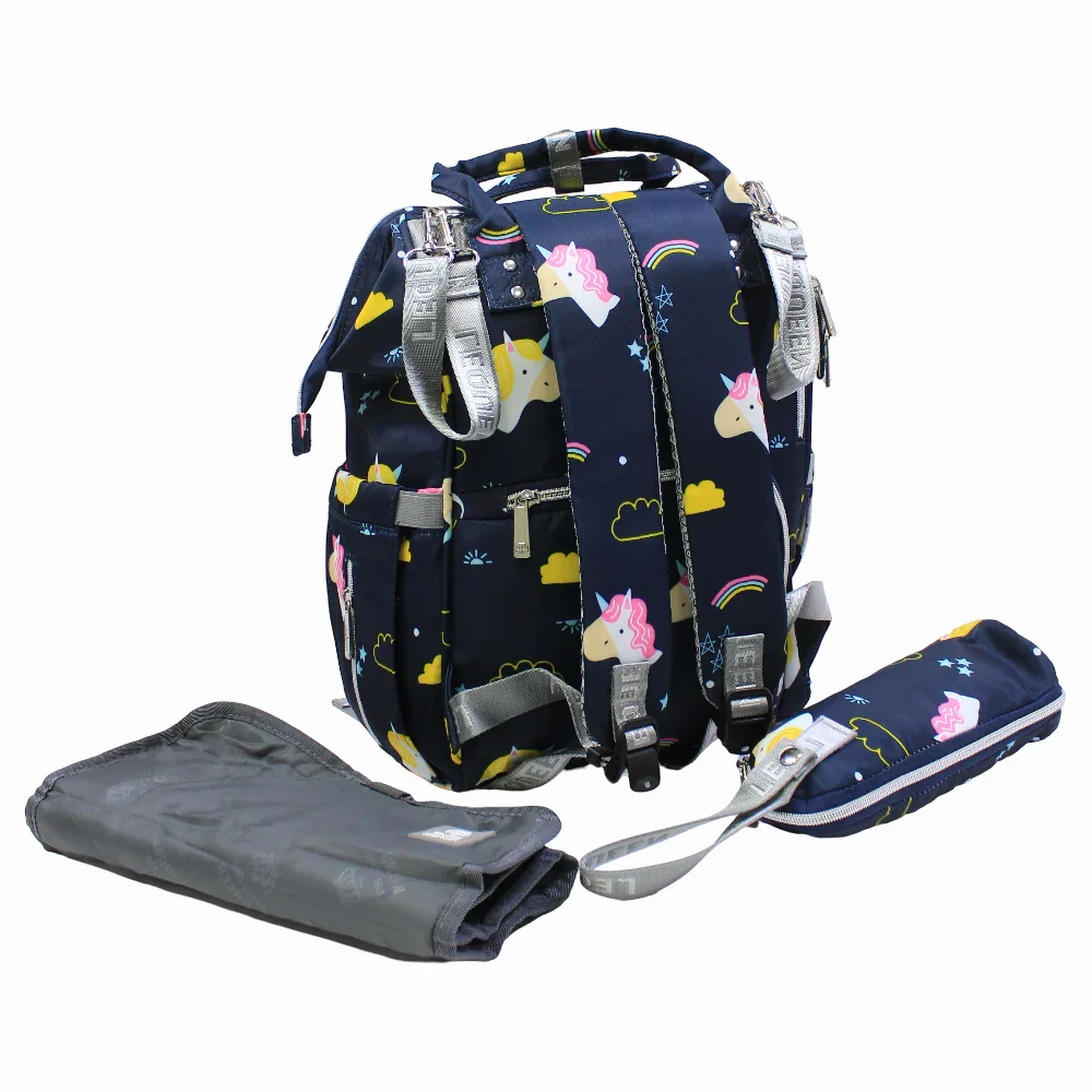 LeQueen Diamond 7th Edition Soft Waterproof Diaper Bag - Blue with Unicorn Print - Image 3