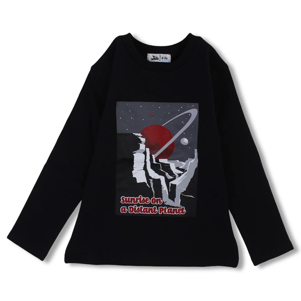 Boys Cotton T-Shirt – Black with “Sunrise on a Distant Planet” Print