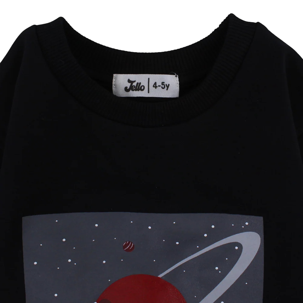 Boys Cotton T-Shirt – Black with “Sunrise on a Distant Planet” Print - Image 3