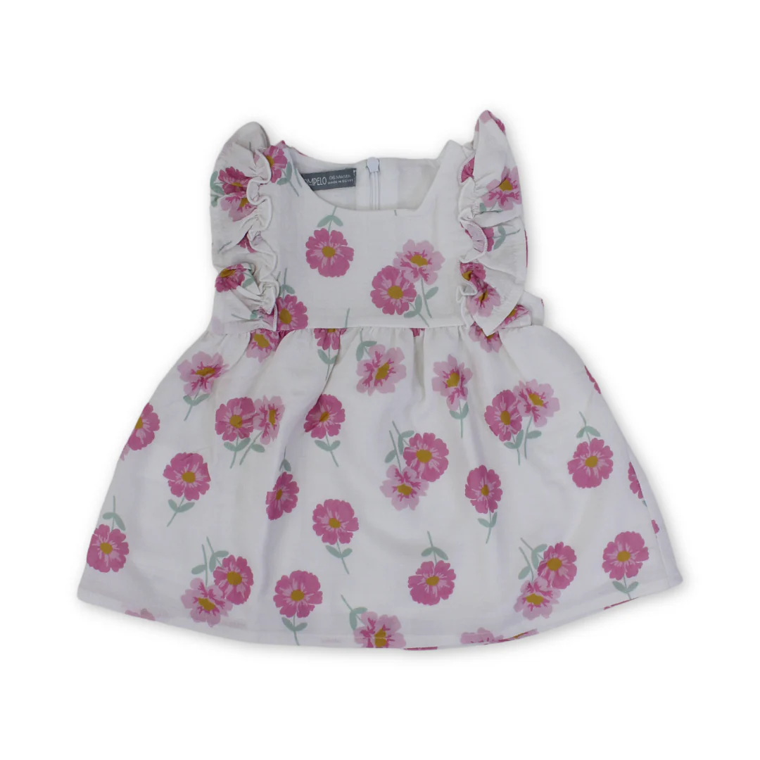 Baby Girls Cotton Dress – Off-White with Flowers Print
