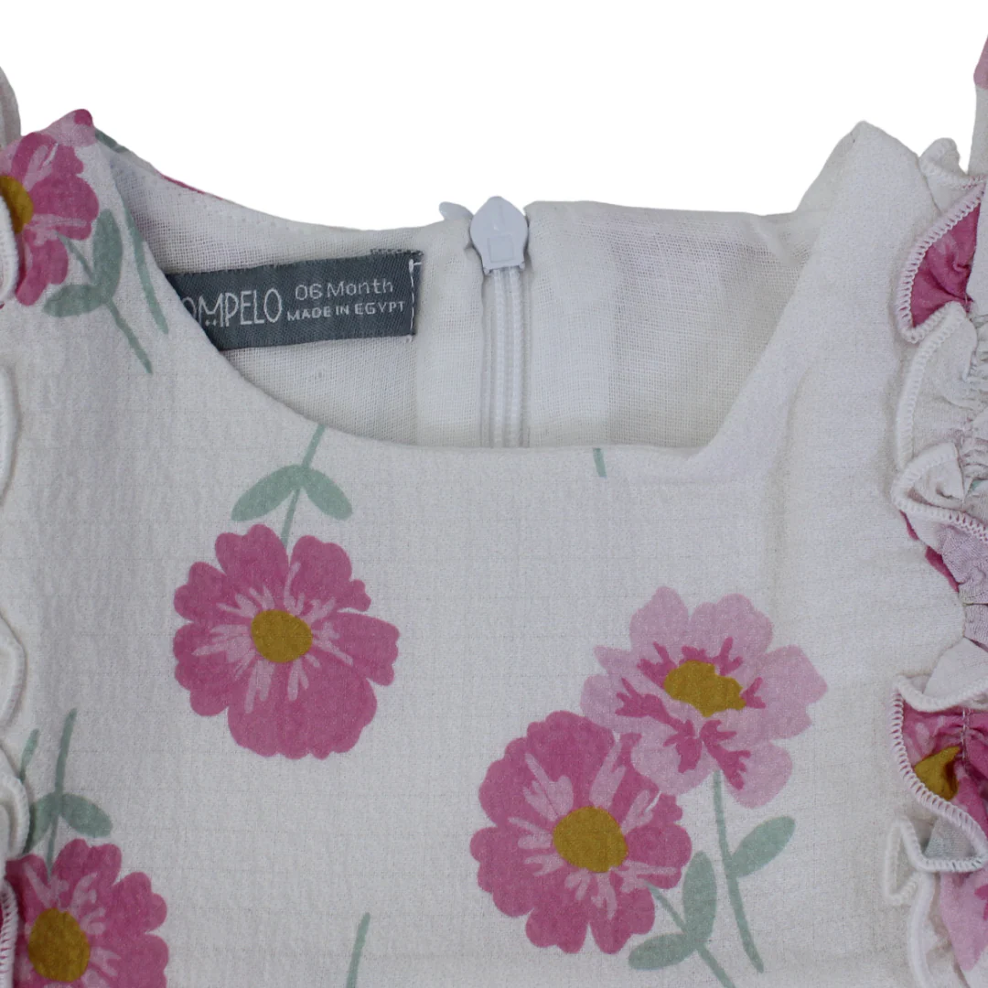 Baby Girls Cotton Dress – Off-White with Flowers Print - Image 3