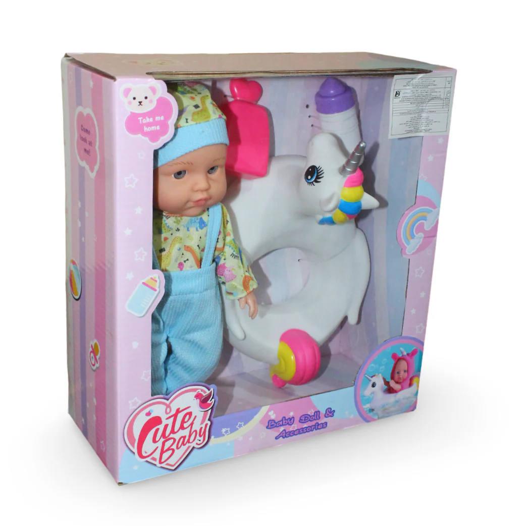Cute Baby Doll Playset – 35 cm with Unicorn Float & Accessories