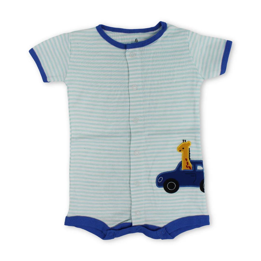 Baby Boys Cotton Romper – Striped Aqua with Car Embroidery