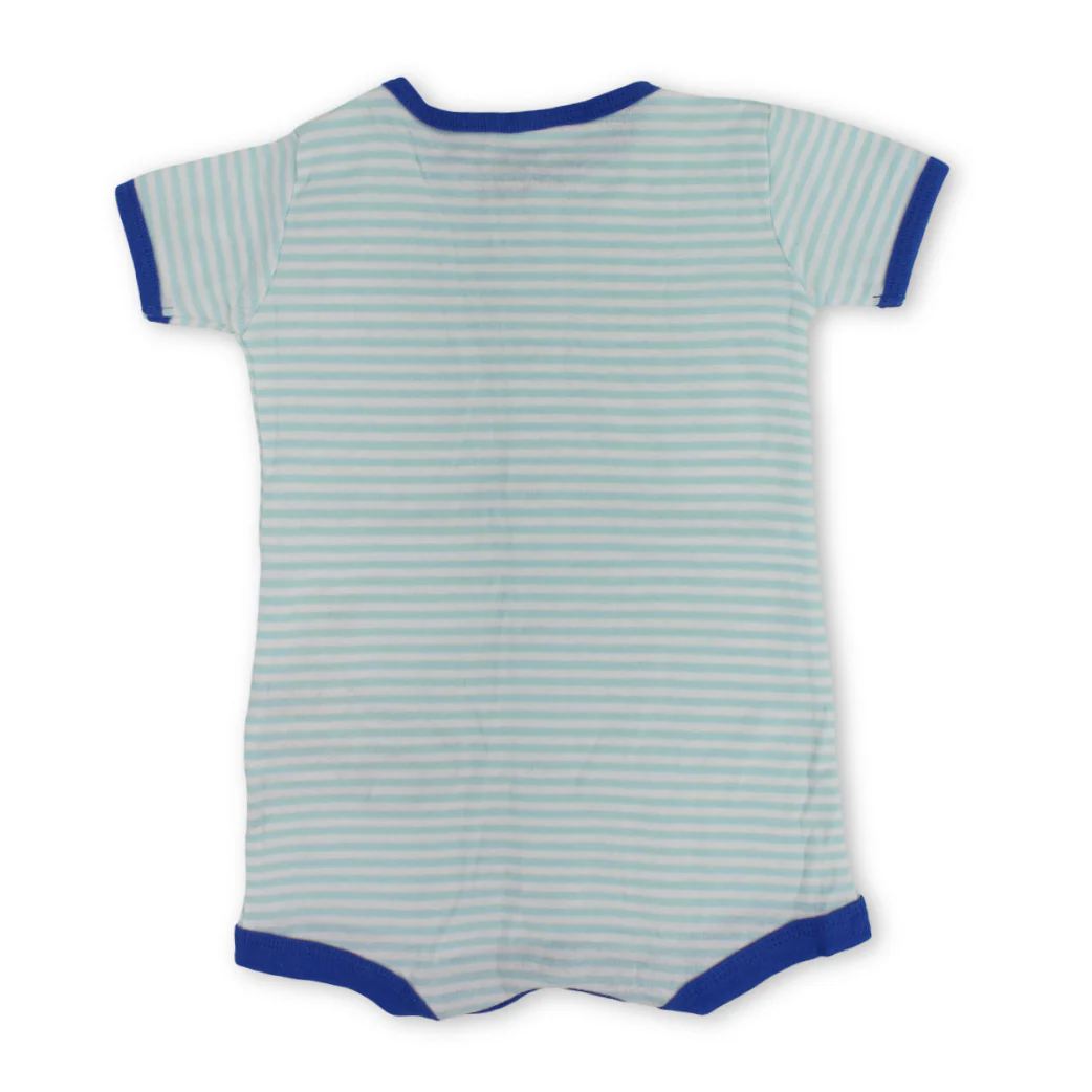Baby Boys Cotton Romper – Striped Aqua with Car Embroidery - Image 2
