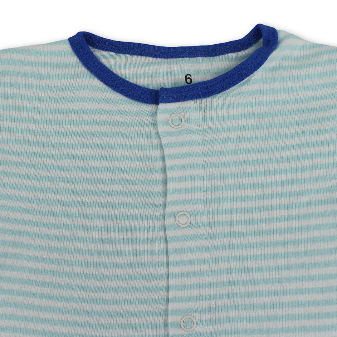 Baby Boys Cotton Romper – Striped Aqua with Car Embroidery - Image 3