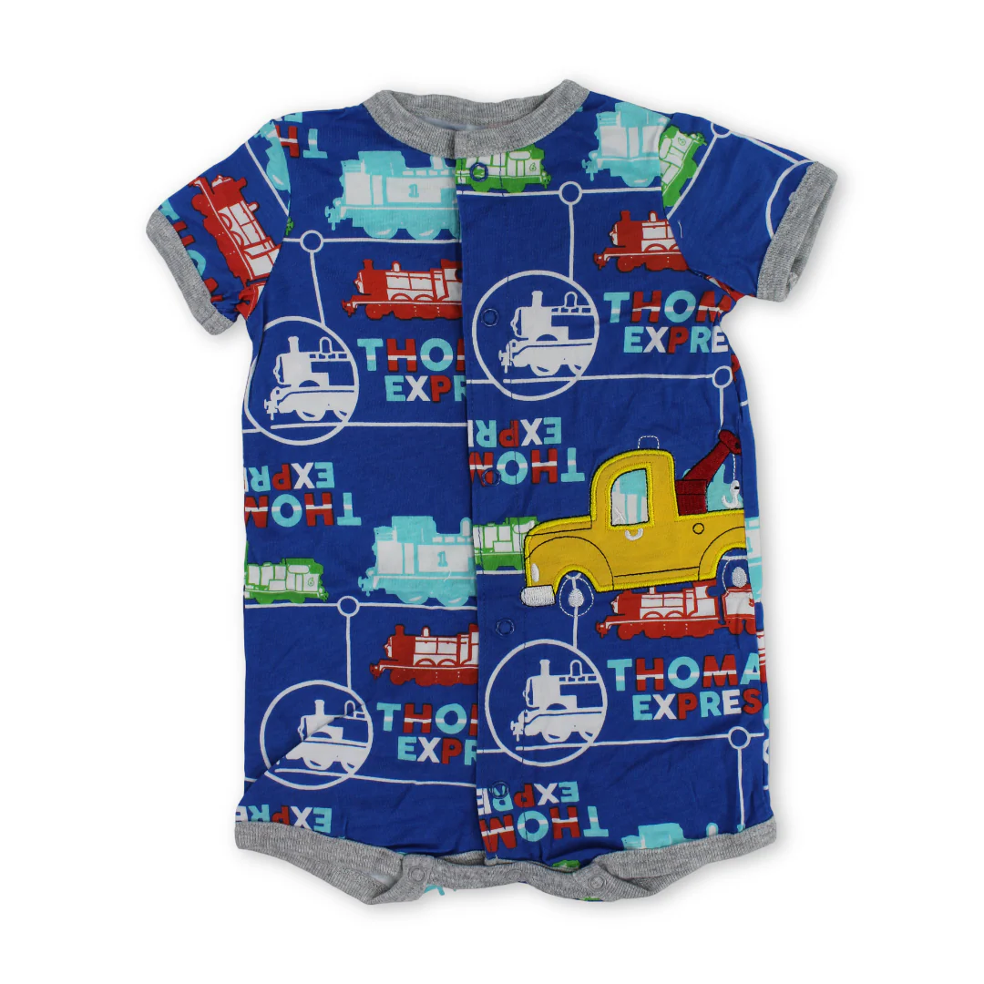 Baby Boys Cotton Romper – Blue with Cars Embroidery