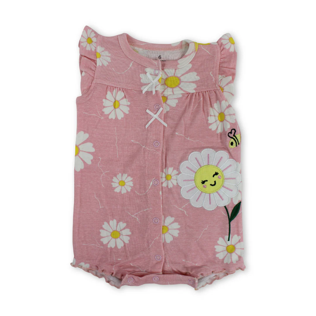 Baby Girls Cotton Romper – Pink with Sun Flowers Embroidery