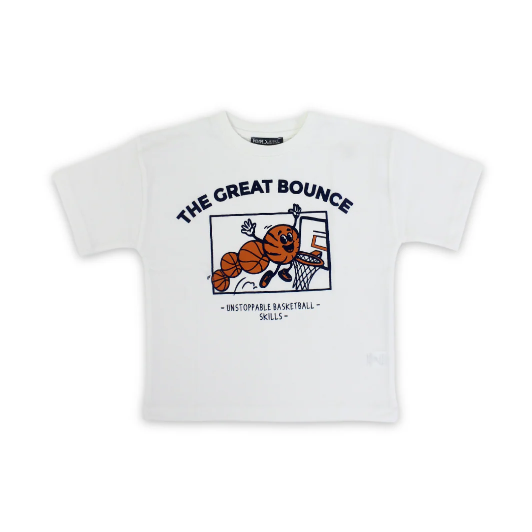 Boys Cotton T-Shirt – Off-White with "The Great Bounce" Print