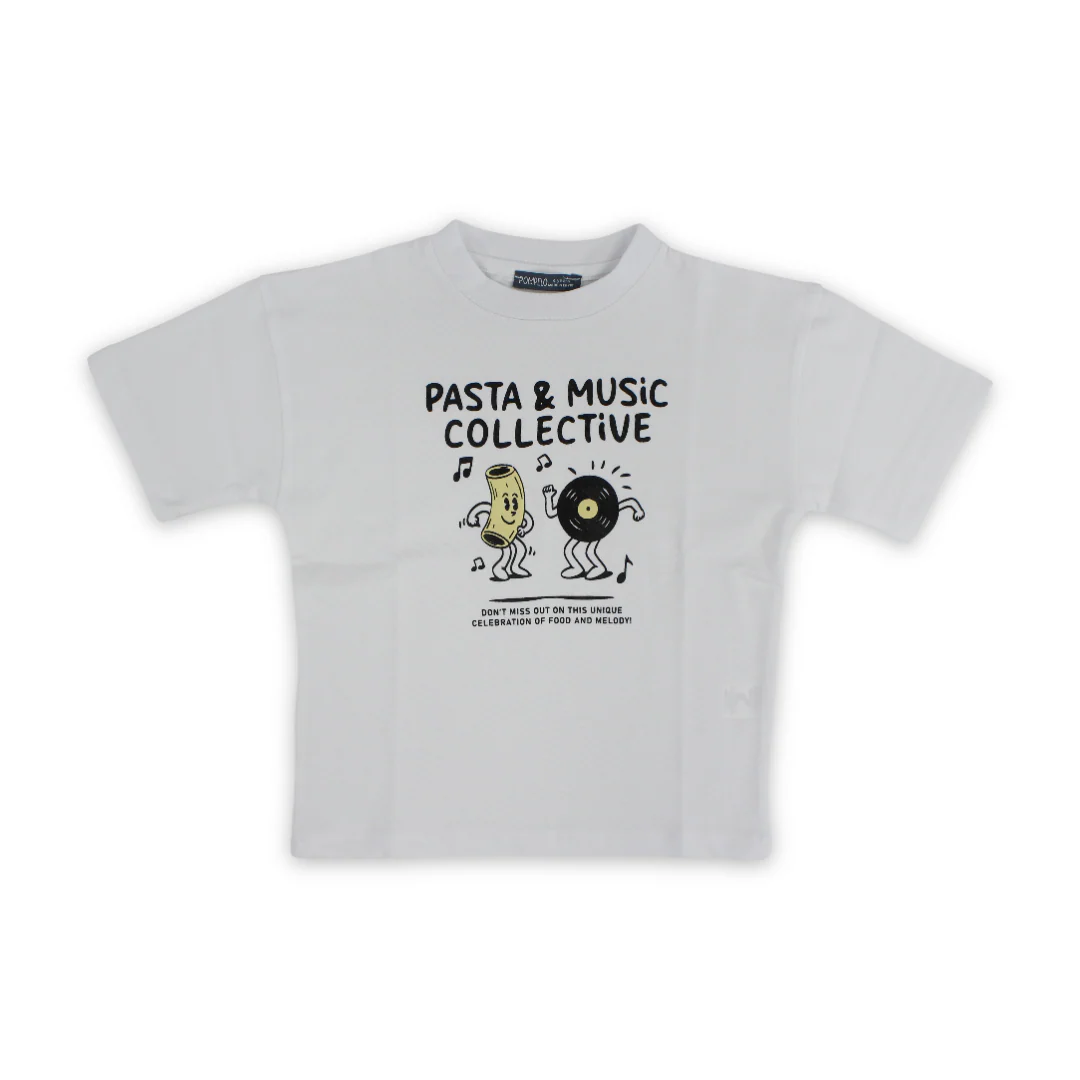 Boys Cotton T-Shirt – White with "Pasta & Music Collective" Print