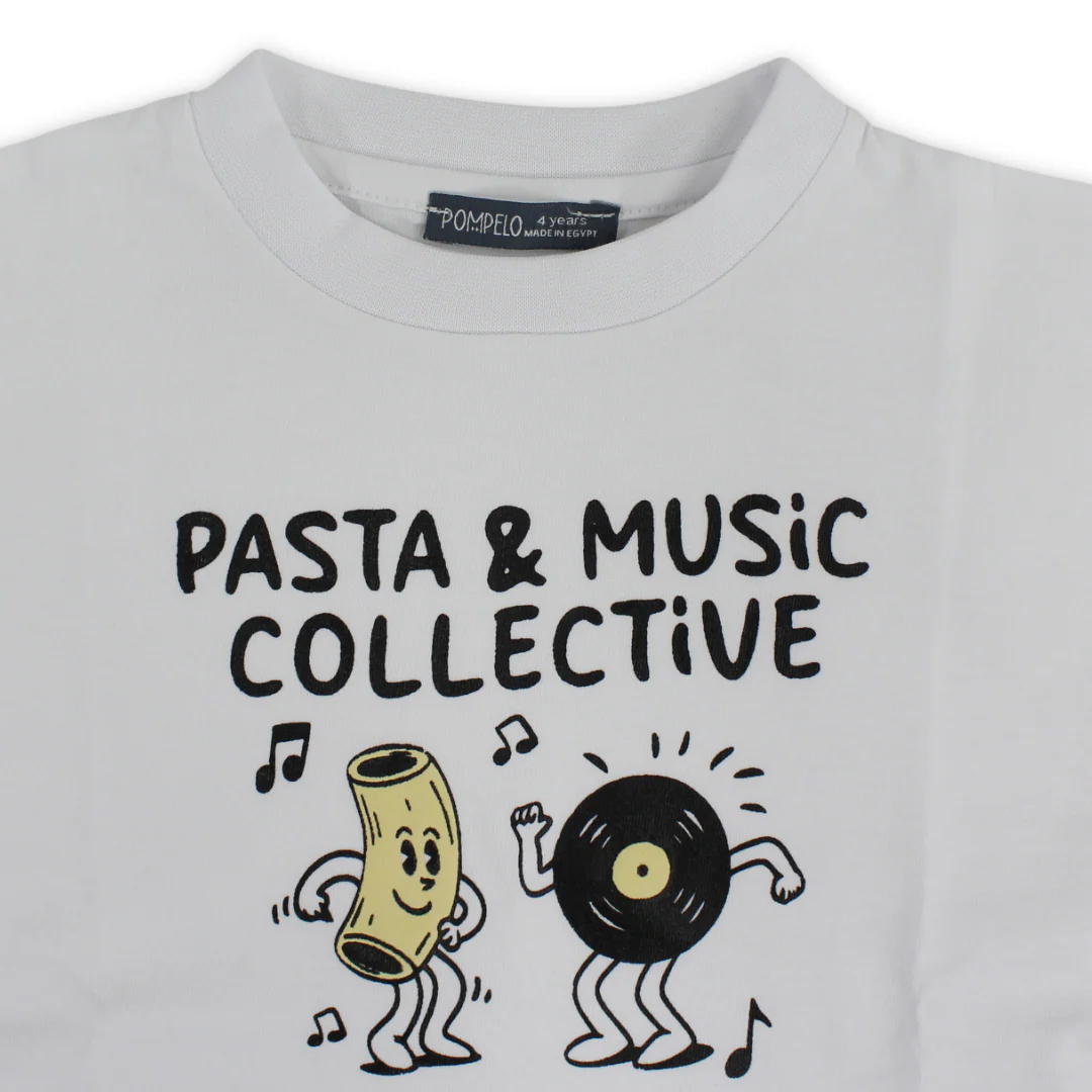 Boys Cotton T-Shirt – White with "Pasta & Music Collective" Print - Image 3