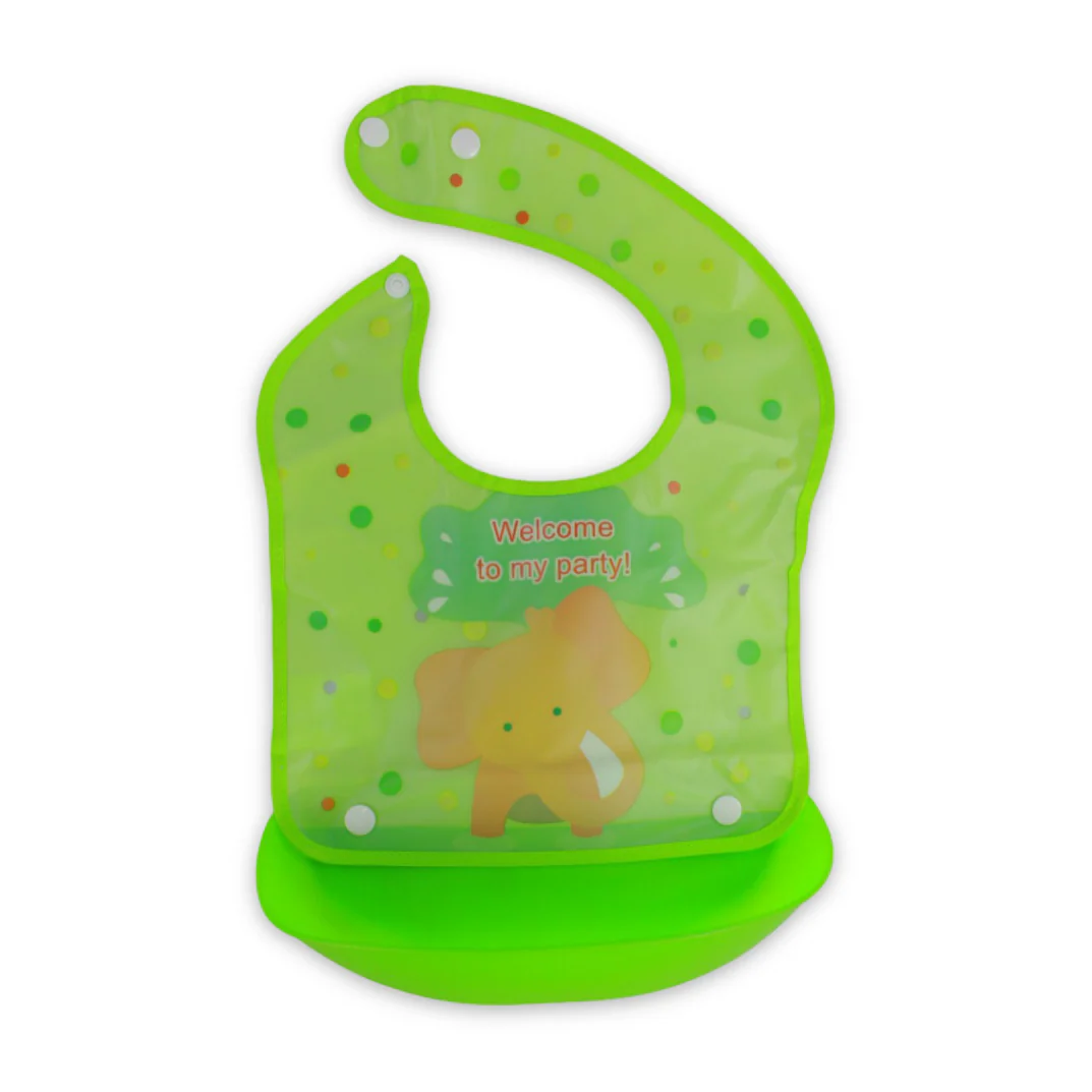 Silicone Baby Bib with Food-Catching Pocket – Green with Elephant Print