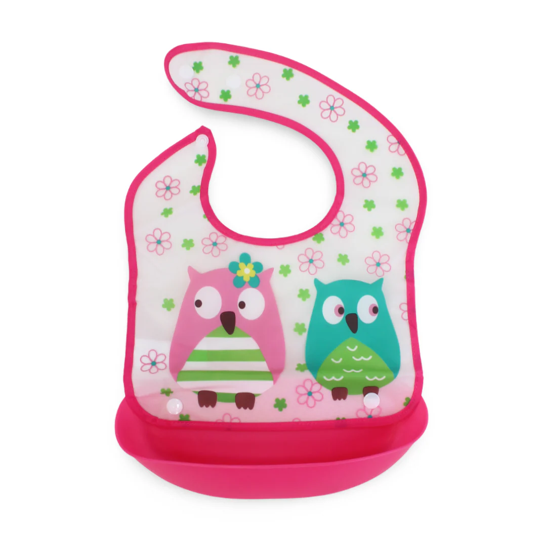 Silicone Baby Bib with Food-Catching Pocket – Pink with Owl Print