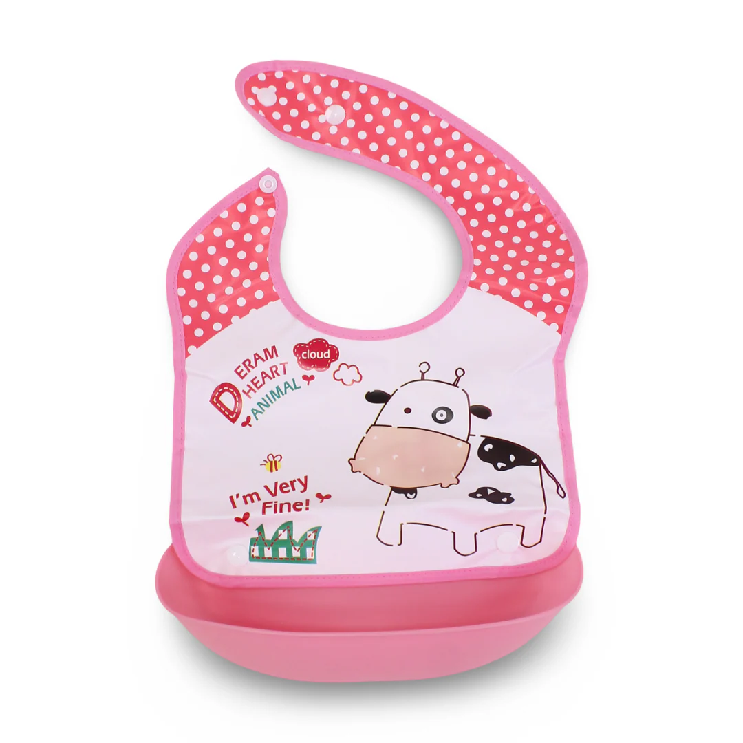 Silicone Baby Bib with Food-Catching Pocket – Pink with Cow Print