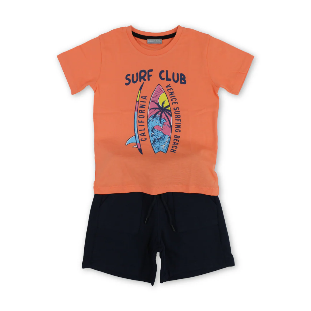 Boys Cotton Outfit Set – Salmon with "Surf Club" Print