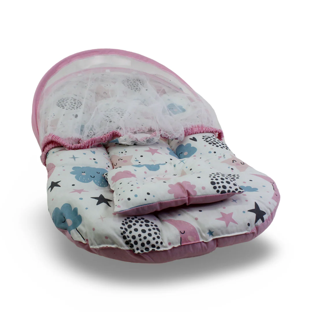 Cotton Mosquito Net – Pink with Clouds and Stars Print - Image 2
