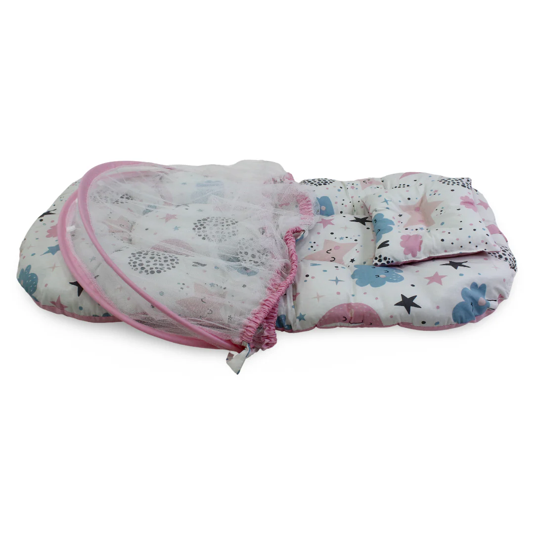 Cotton Mosquito Net – Pink with Clouds and Stars Print - Image 3