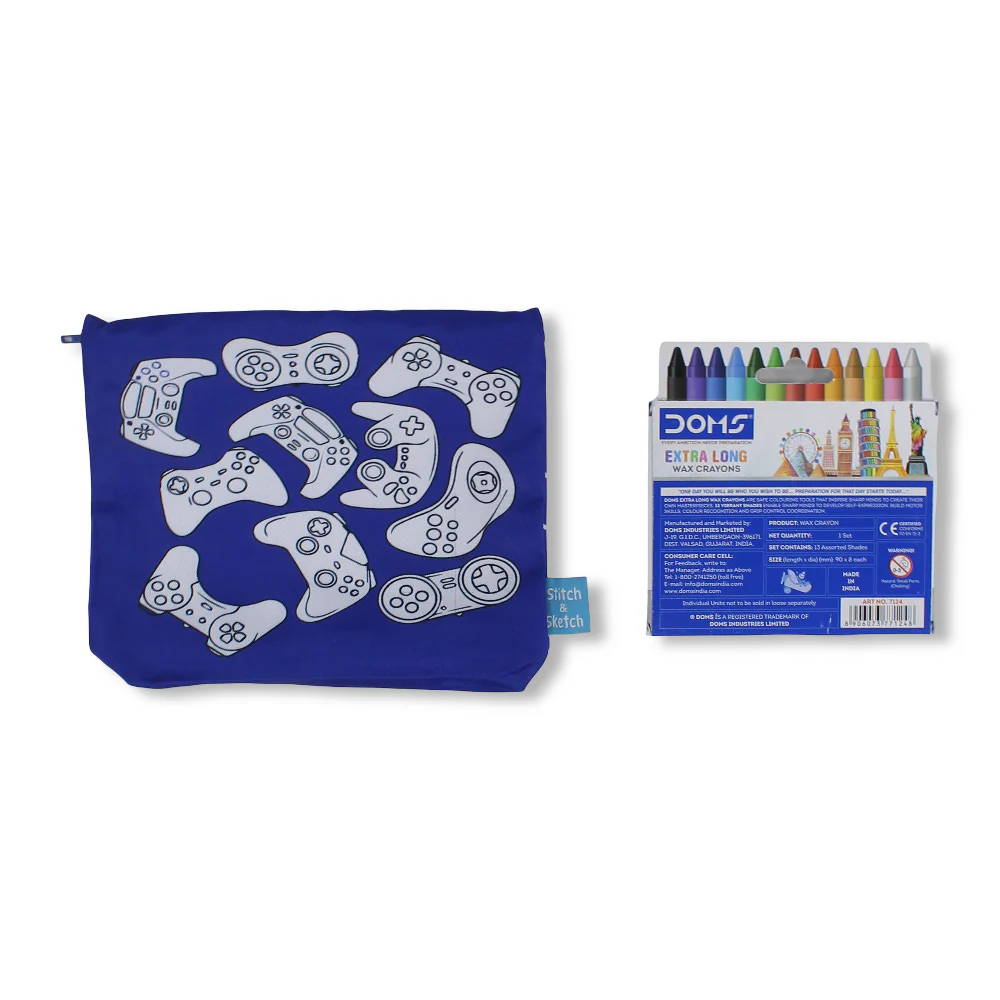 Gamer Coloring Pencil Case with Extra Long Wax Crayons 12 Colours + 1 Silver