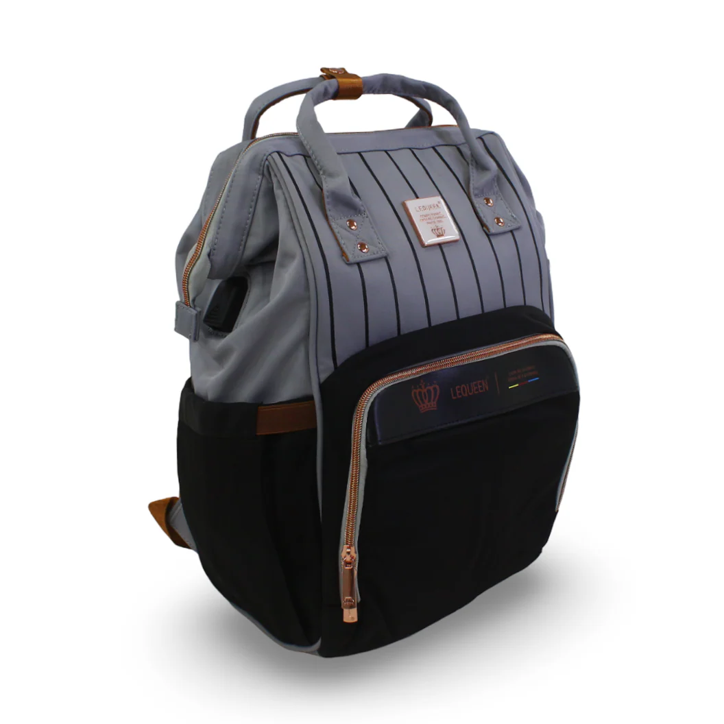 LeQueen Diamond 8th Generation Diaper Backpack – Striped Grey & Black