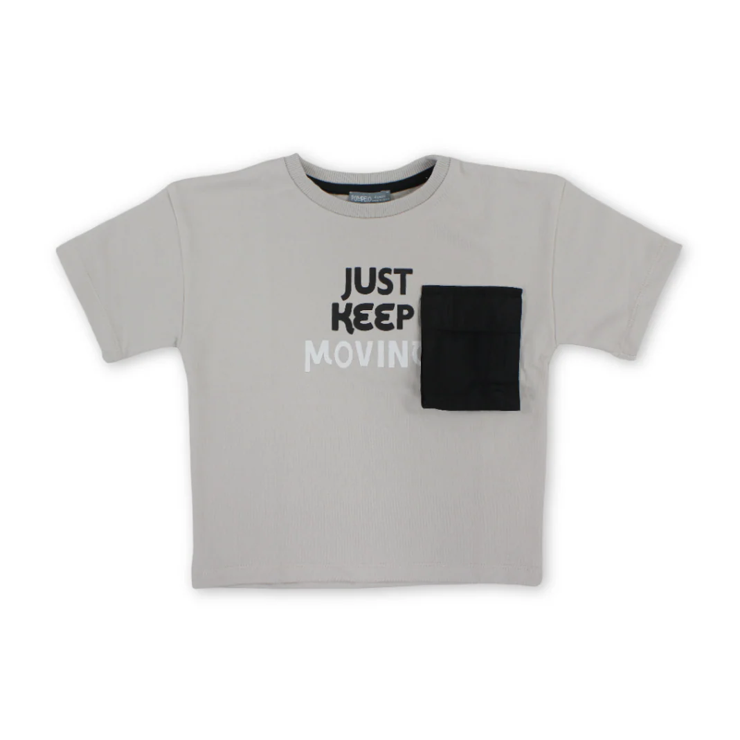 Boys Cotton T-Shirt – Beige with "Just Keep Moving" Print