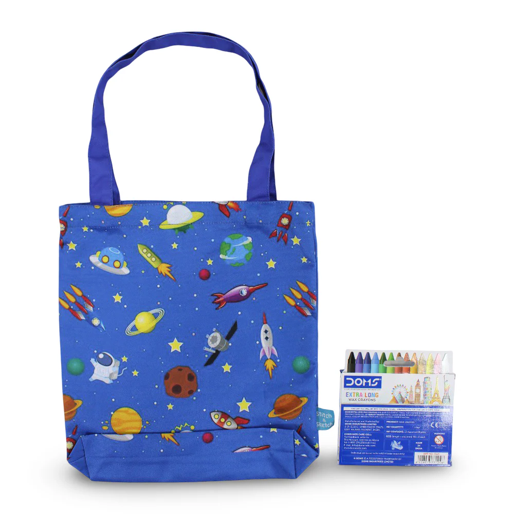 Space Medium Coloring Tote Bag with Extra Long Wax Crayons 12 Colours + 1 Silver - Image 2
