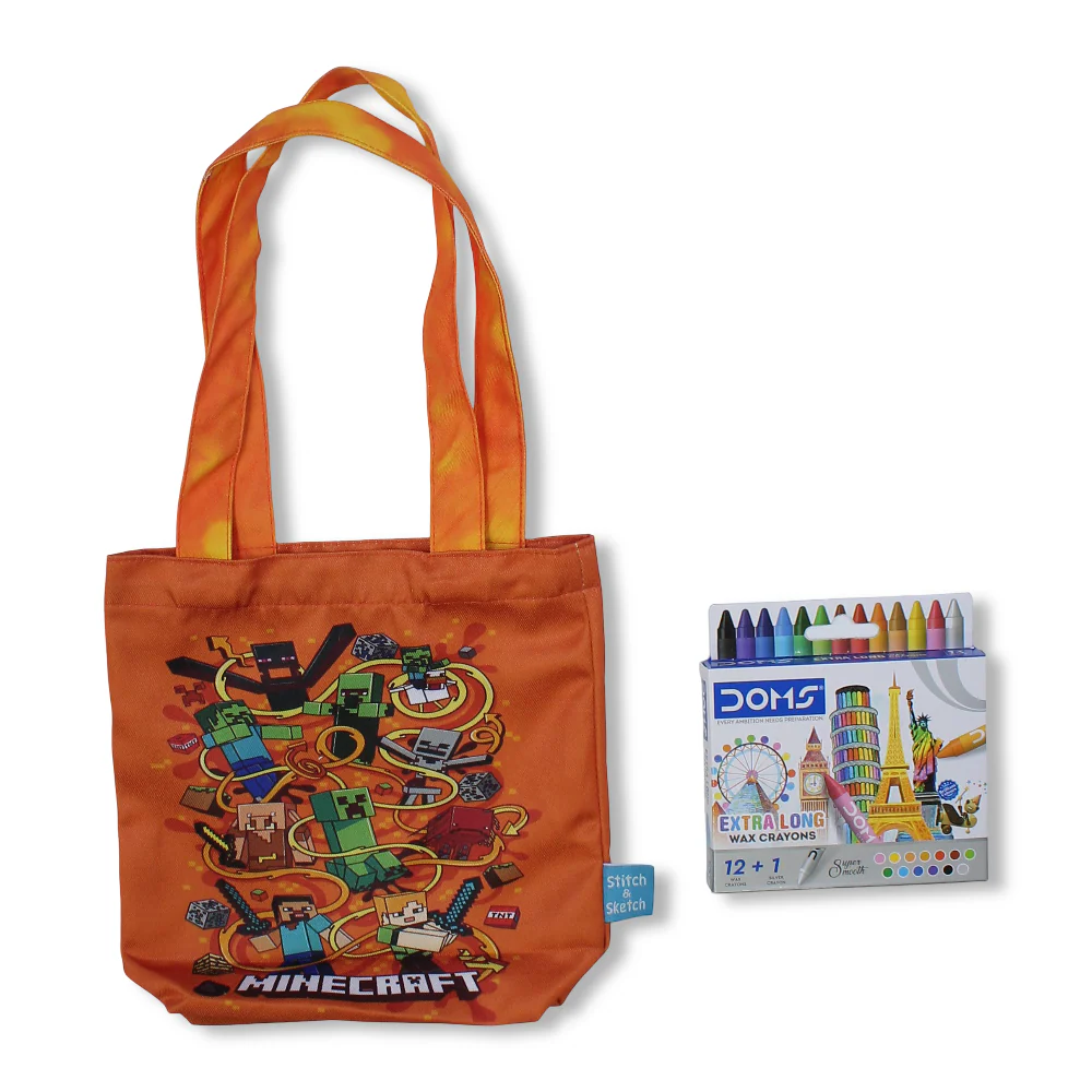 Minecraft Small Coloring Tote Bag with Extra Long Wax Crayons 12 Colours + 1 Silver - Image 2