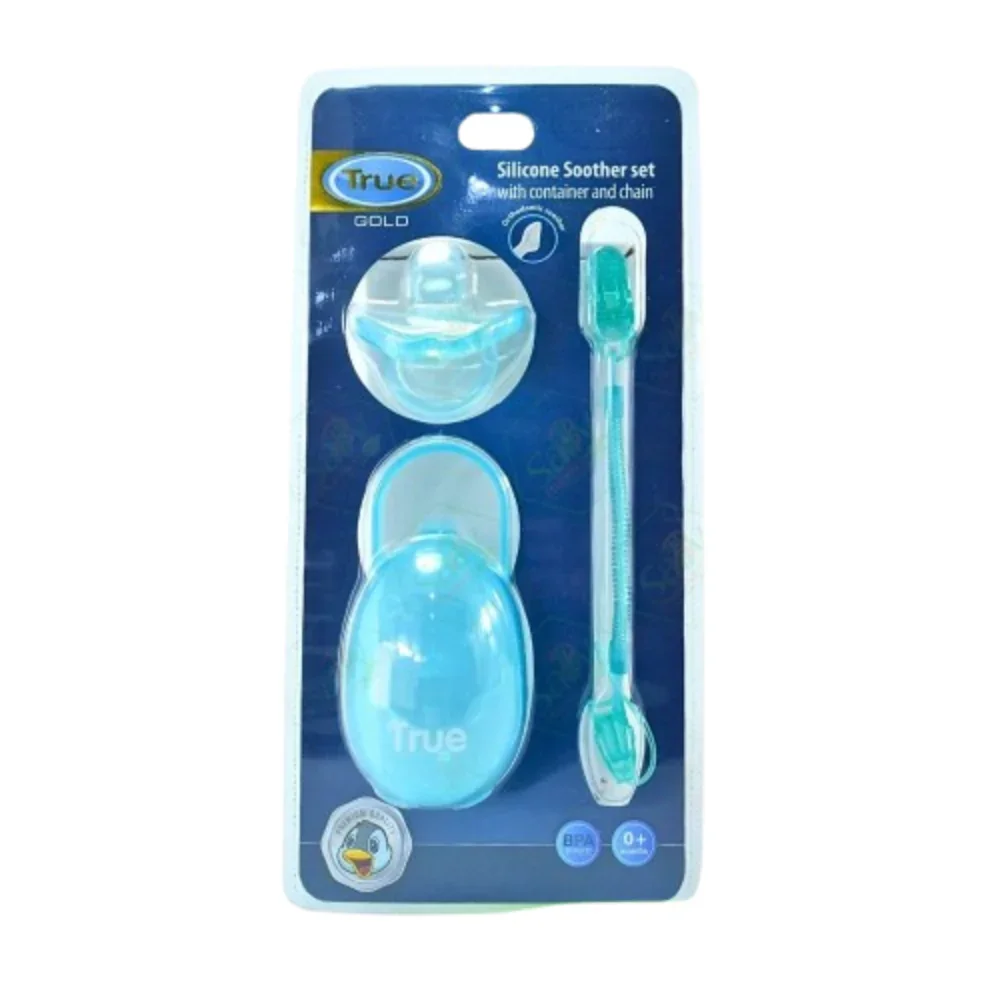 True Gold Silicone Pacifier Set – Turquoise (Silicone Soother, Chain & Case) - Image 2